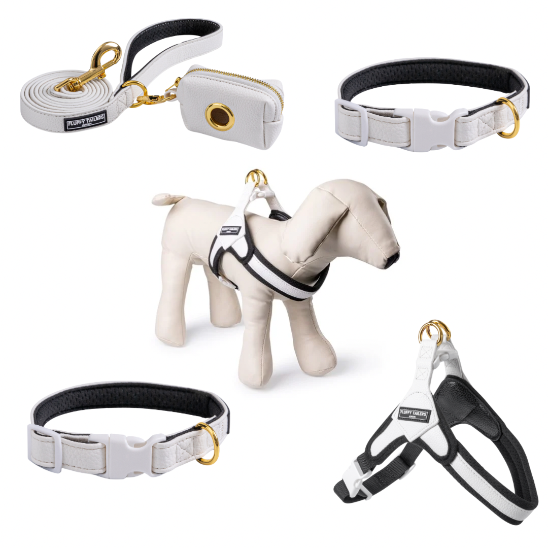 White Vegan Leather Collection- Harness, Collar, Lead and Poo Bag Holder