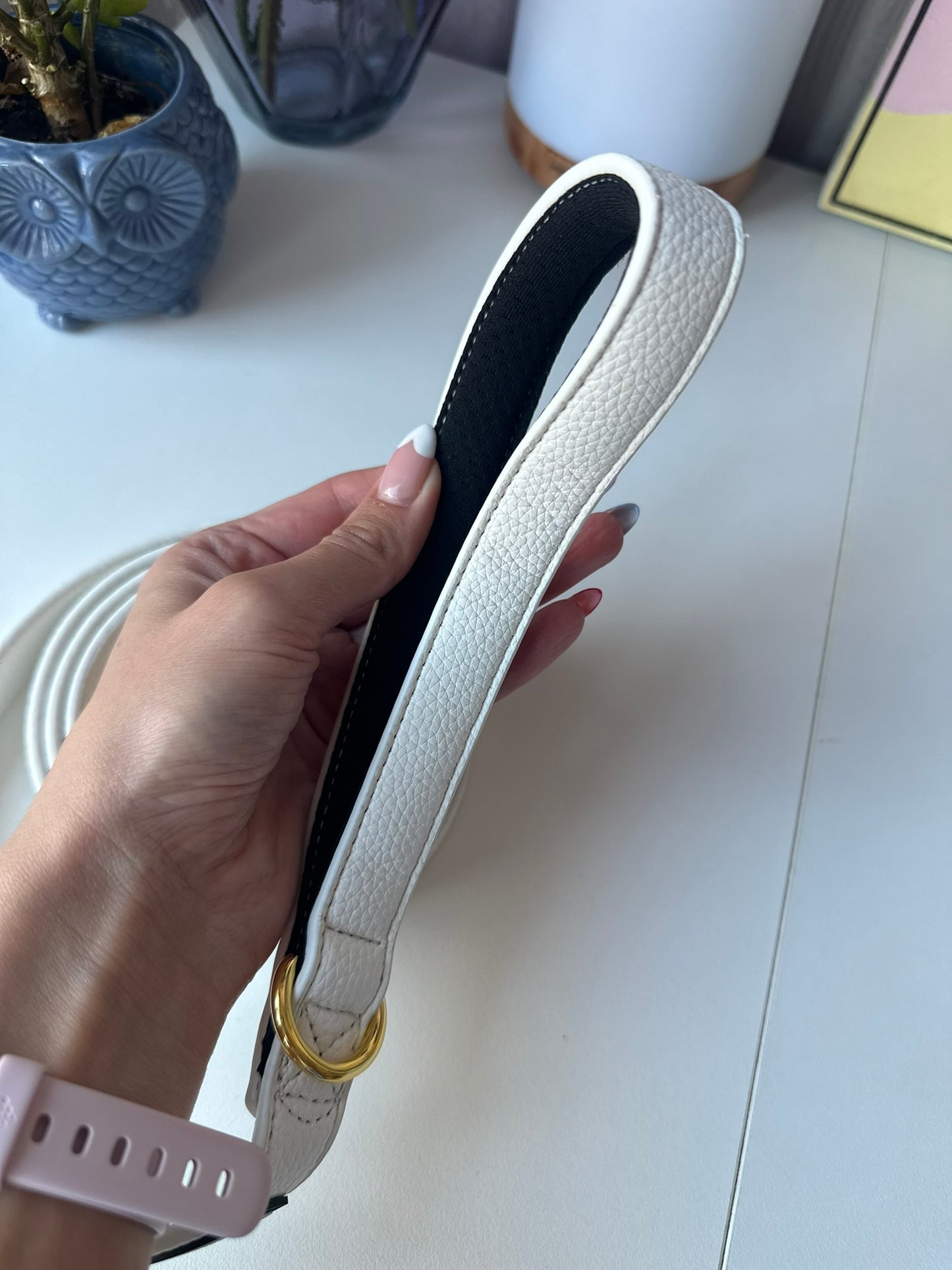 White Vegan Leather Lead and Poo Bag Holder