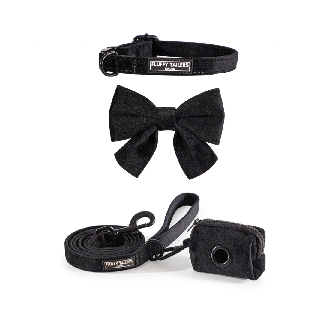 Classic Black Velvet Full Collection- - Dog Collar, Bow Tie, Leash and Poop Bag Holder