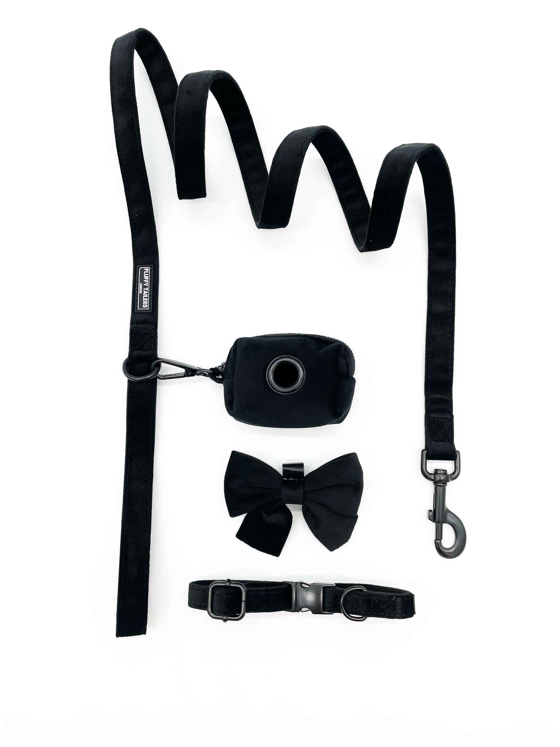 Classic Black Velvet Full Collection- - Dog Collar, Bow Tie, Leash and Poop Bag Holder