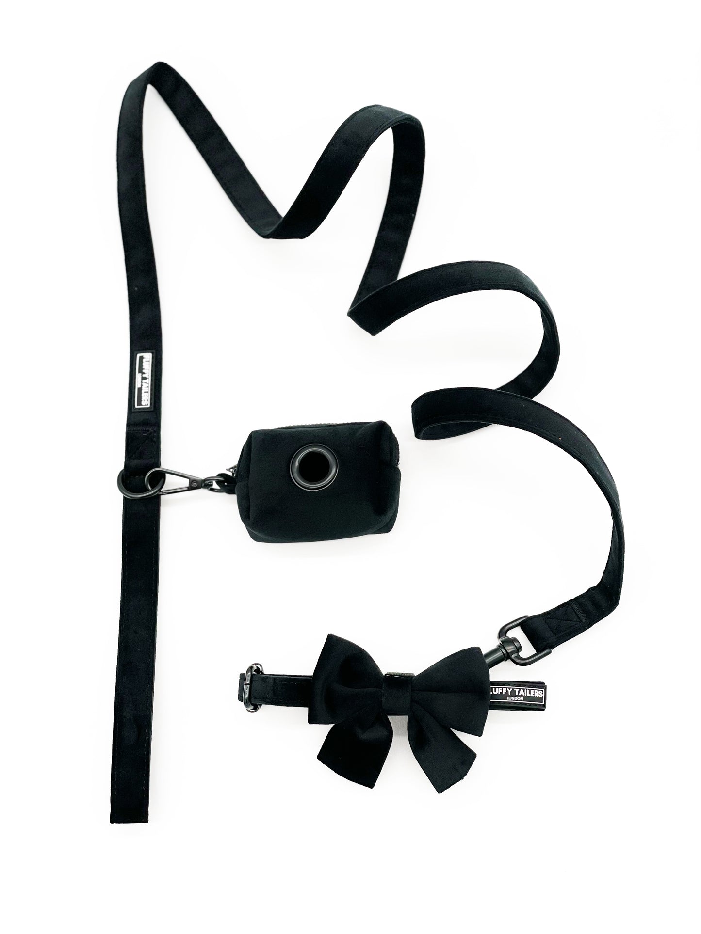 Classic Black Velvet Full Collection- - Dog Collar, Bow Tie, Leash and Poop Bag Holder