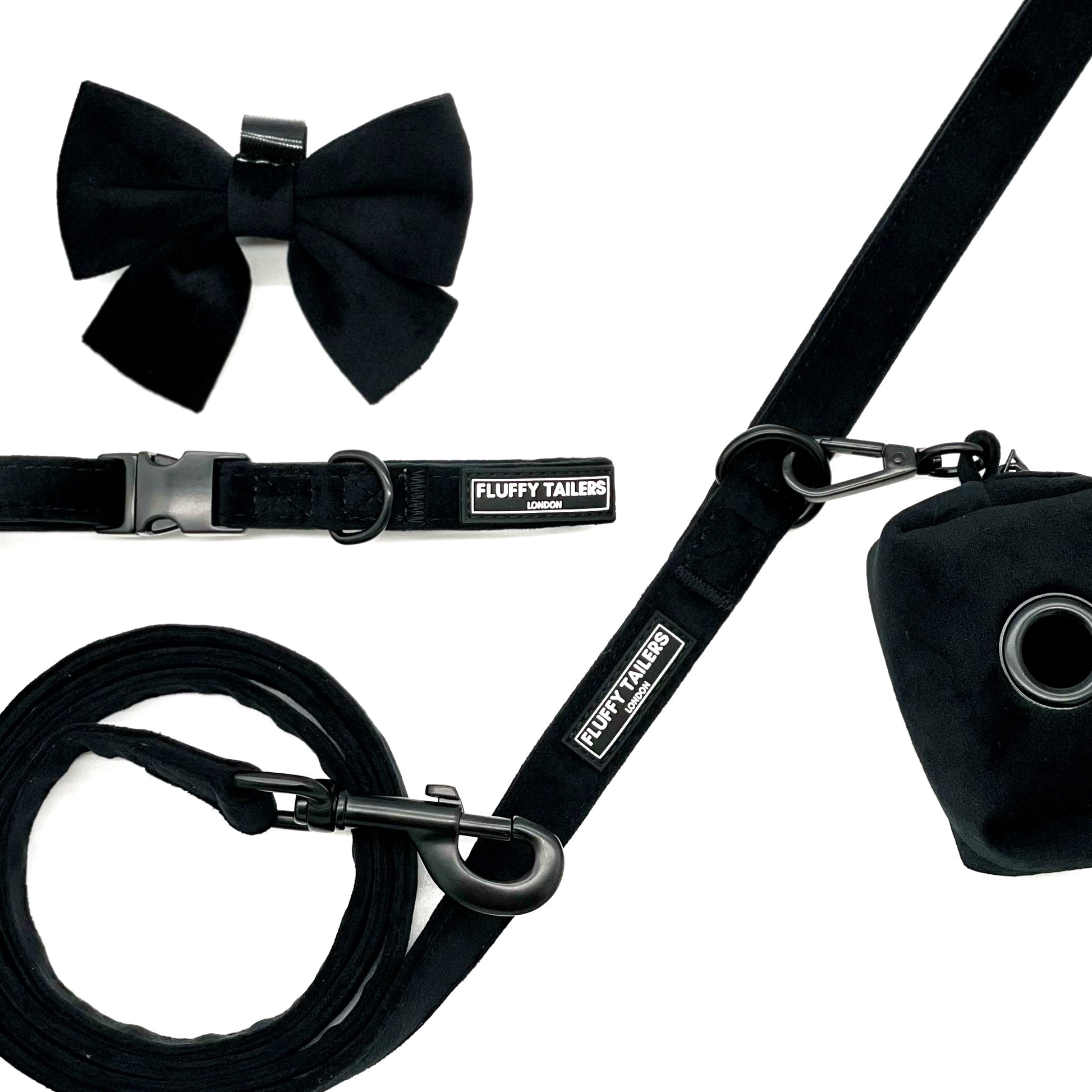 Classic Black Velvet Full Collection- - Dog Collar, Bow Tie, Leash and Poop Bag Holder